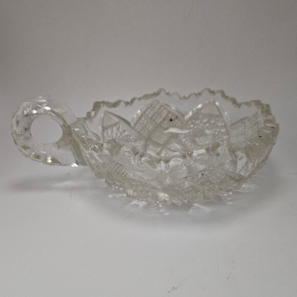 Vtg Clear Pressed Glass Handled Nappy Dish 5" Sawtooth Edge Starburst Pattern - Picture 1 of 6